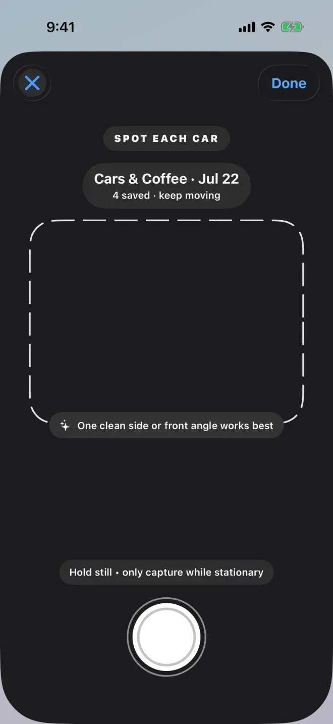Event capture screen showing four cars saved during a car show