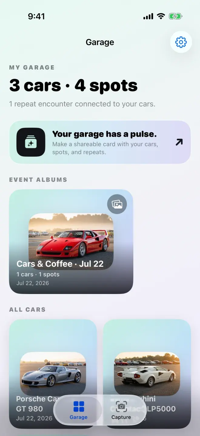 Exotic Index Garage showing three cars you saved and four sightings