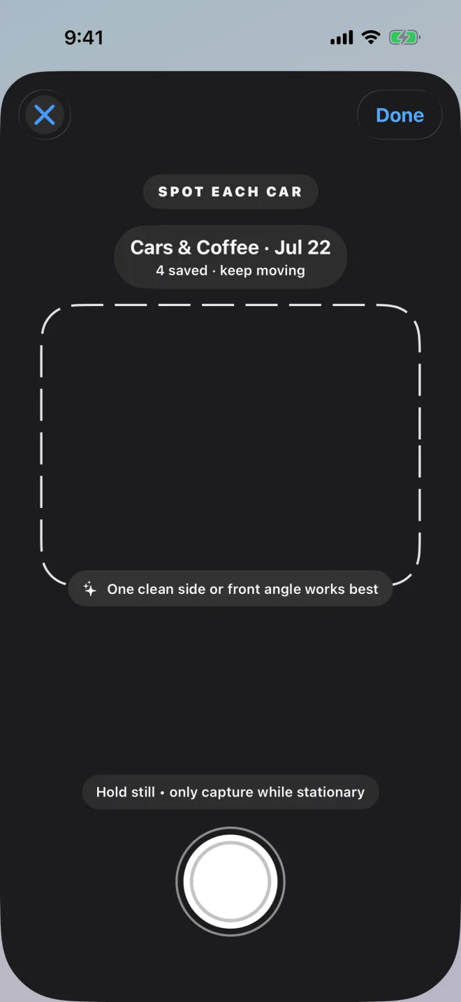Event capture screen showing four cars saved during a car show