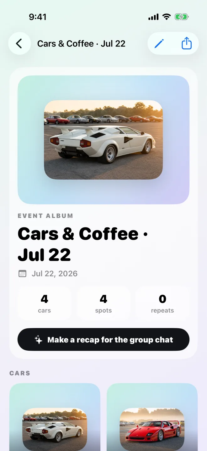 Private Cars and Coffee event album containing four saved cars