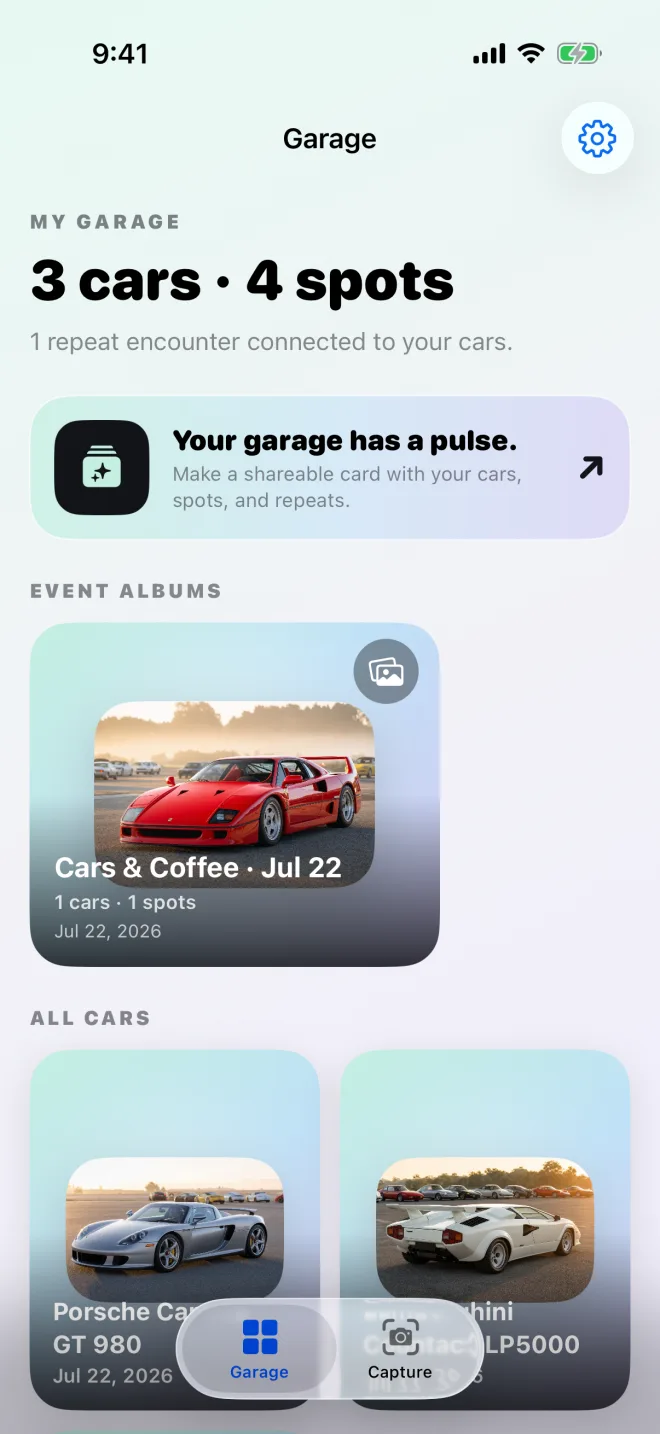 Exotic Index Garage showing three cars you saved and four sightings