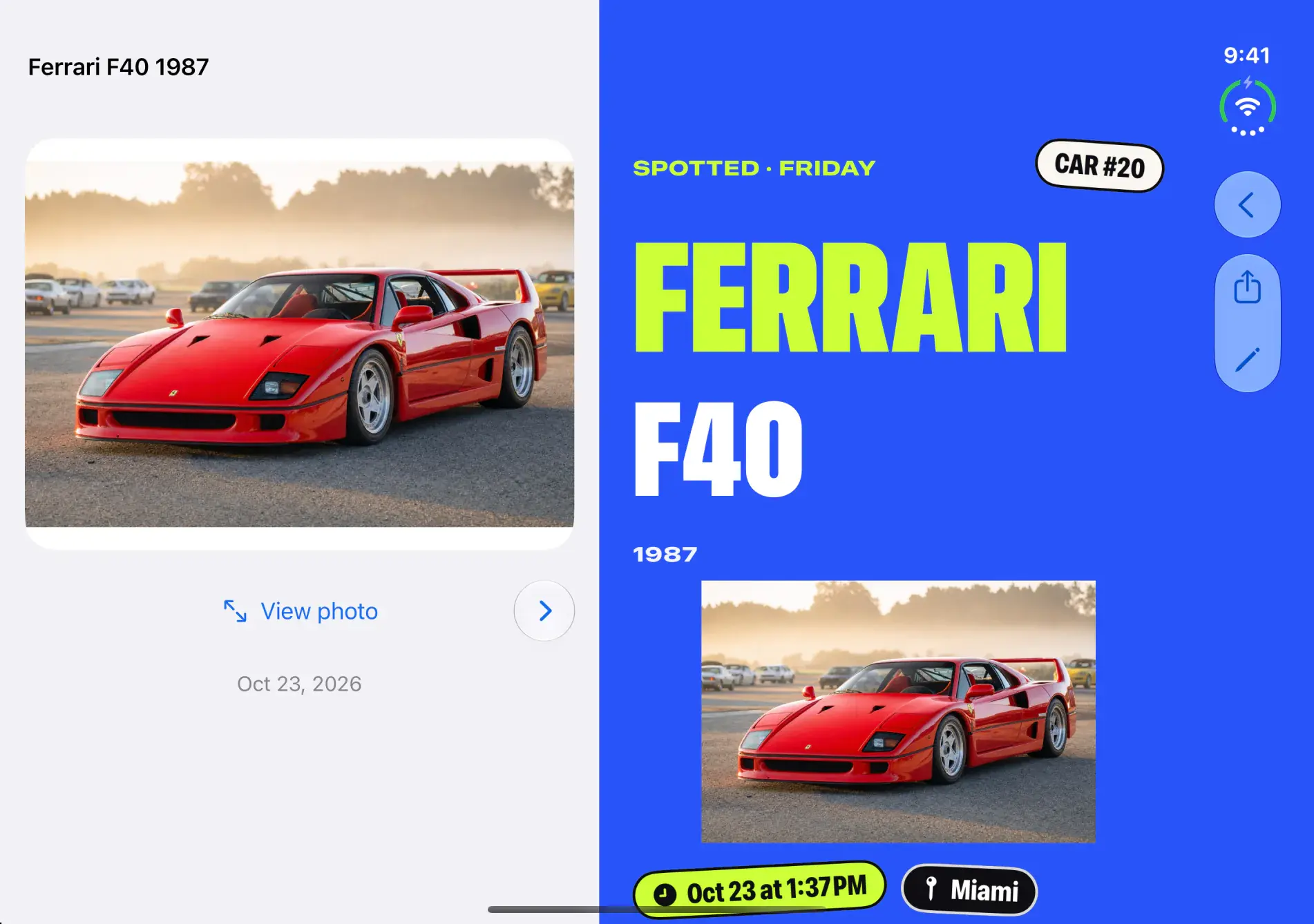 A Ferrari F40 on the left and its spotted card on the right, with the make and model in giant type, the car number, and stickers for the date and place