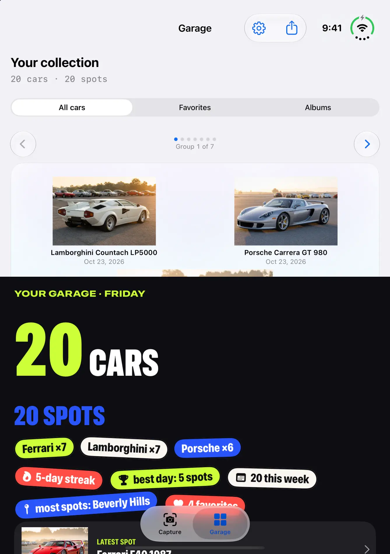 The garage on the top half and the collector spread below it, with 20 cars, 20 spots, a sticker for each make, a 5-day streak, and a best day of 5 spots