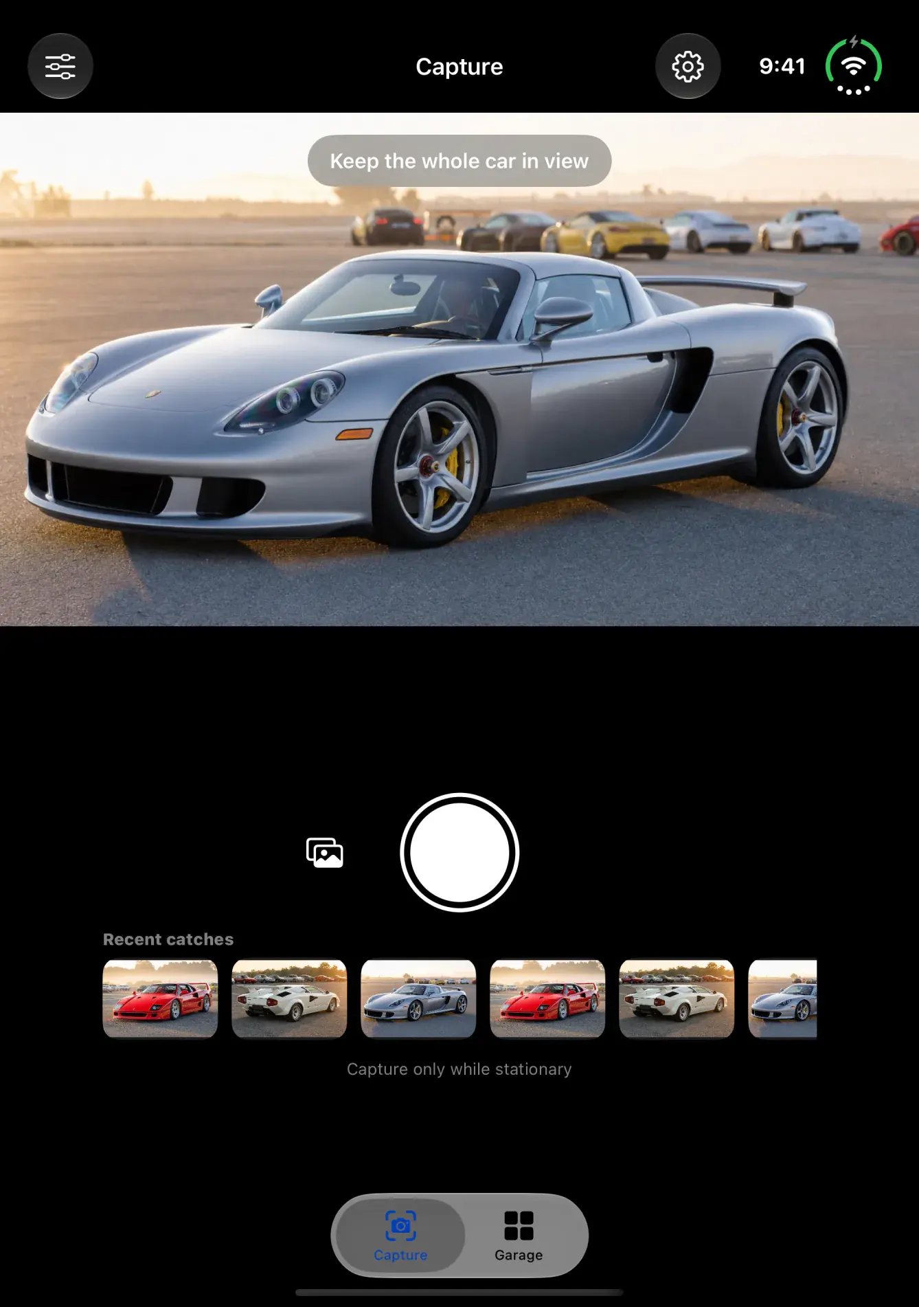 The Capture screen in tabletop pose, with the viewfinder on the top half and the shutter and recent catches on the bottom half